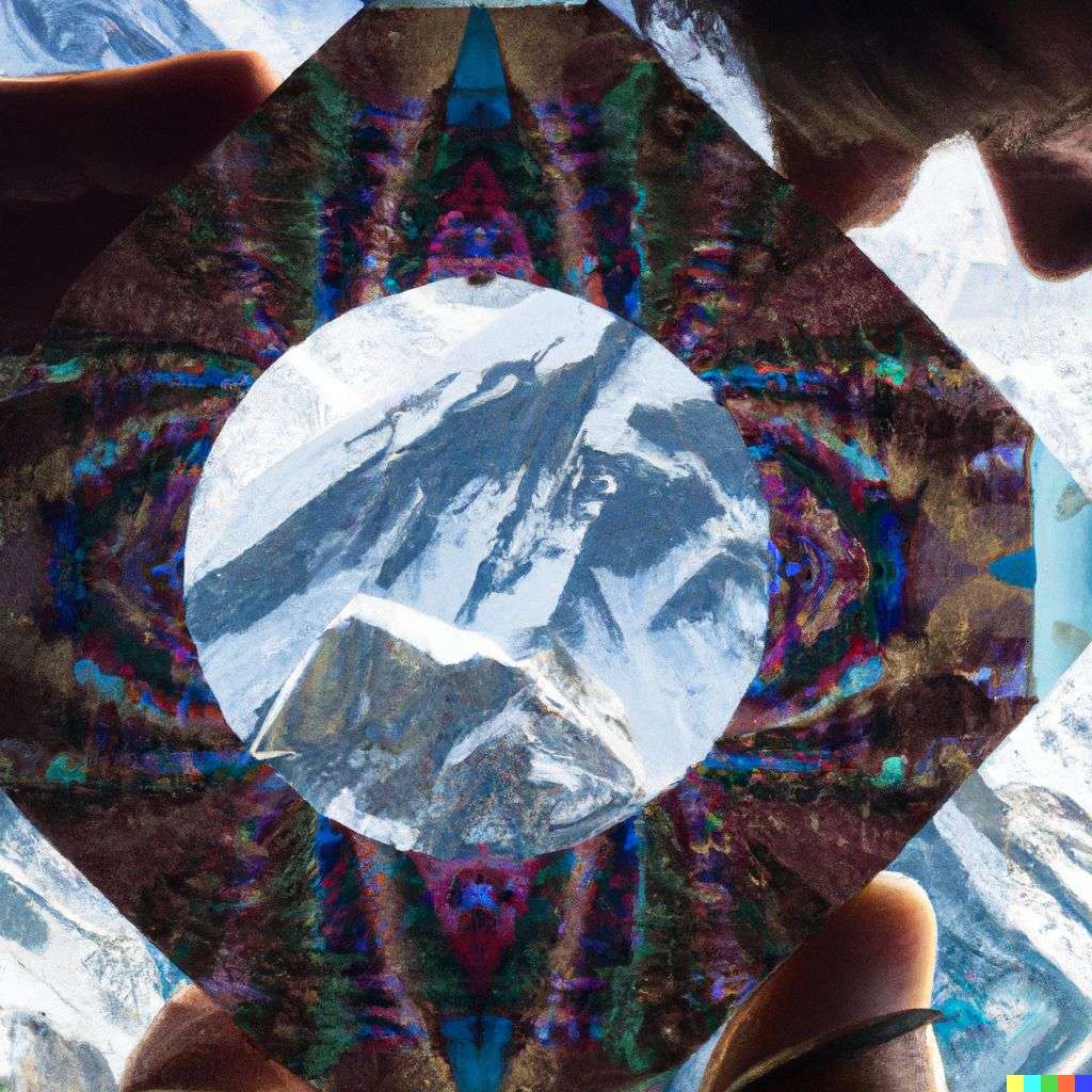 someone gazing at Mount Everest as viewed through a kaleidoscope